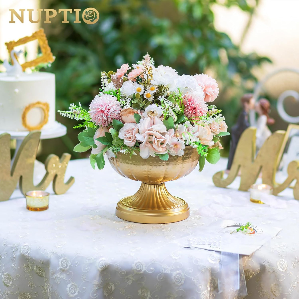NUPTIO Gold Compote Vases for Centerpieces, Hammered, 6.3", 10 Pcs | Metal Pedestal Bowl, for Small Flowers