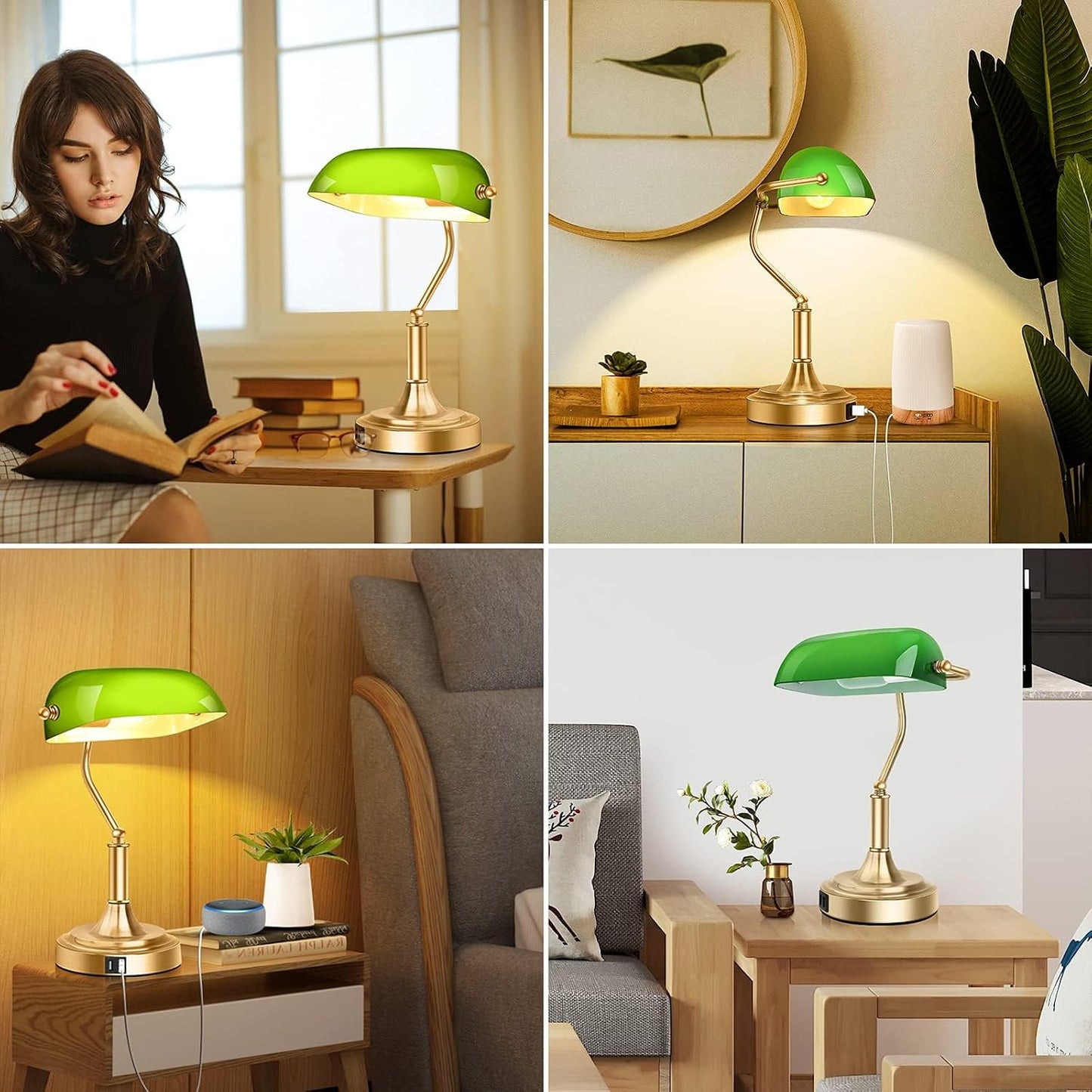 Bankers Lamp with 2 USB Ports, Touch Control Green Glass Desk Lamp with Brass Base, 3-Way Dimmable Vintage Desk Lamp