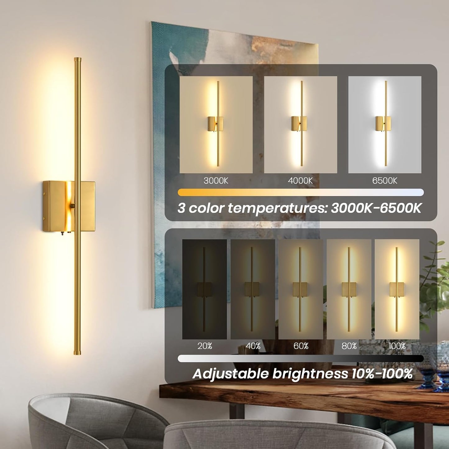 Rechargeable Battery Operated Wall Sconces, 11000mAh Wireless Brushed Gold Wall Lights with Remote Control, 350°Rotate