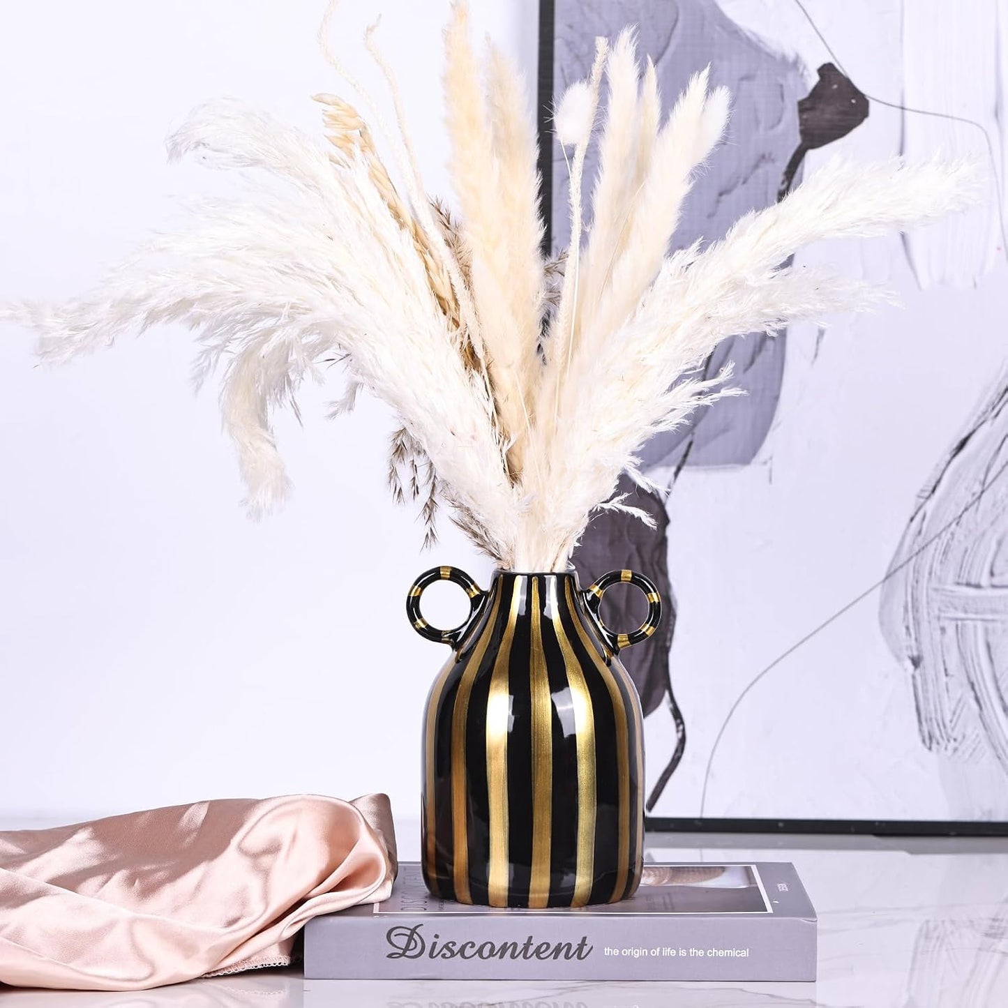 Ceramic Black and Gold Hand-Painted Striped Decorative Vase for Modern Bohemian Pampas / Black Gold