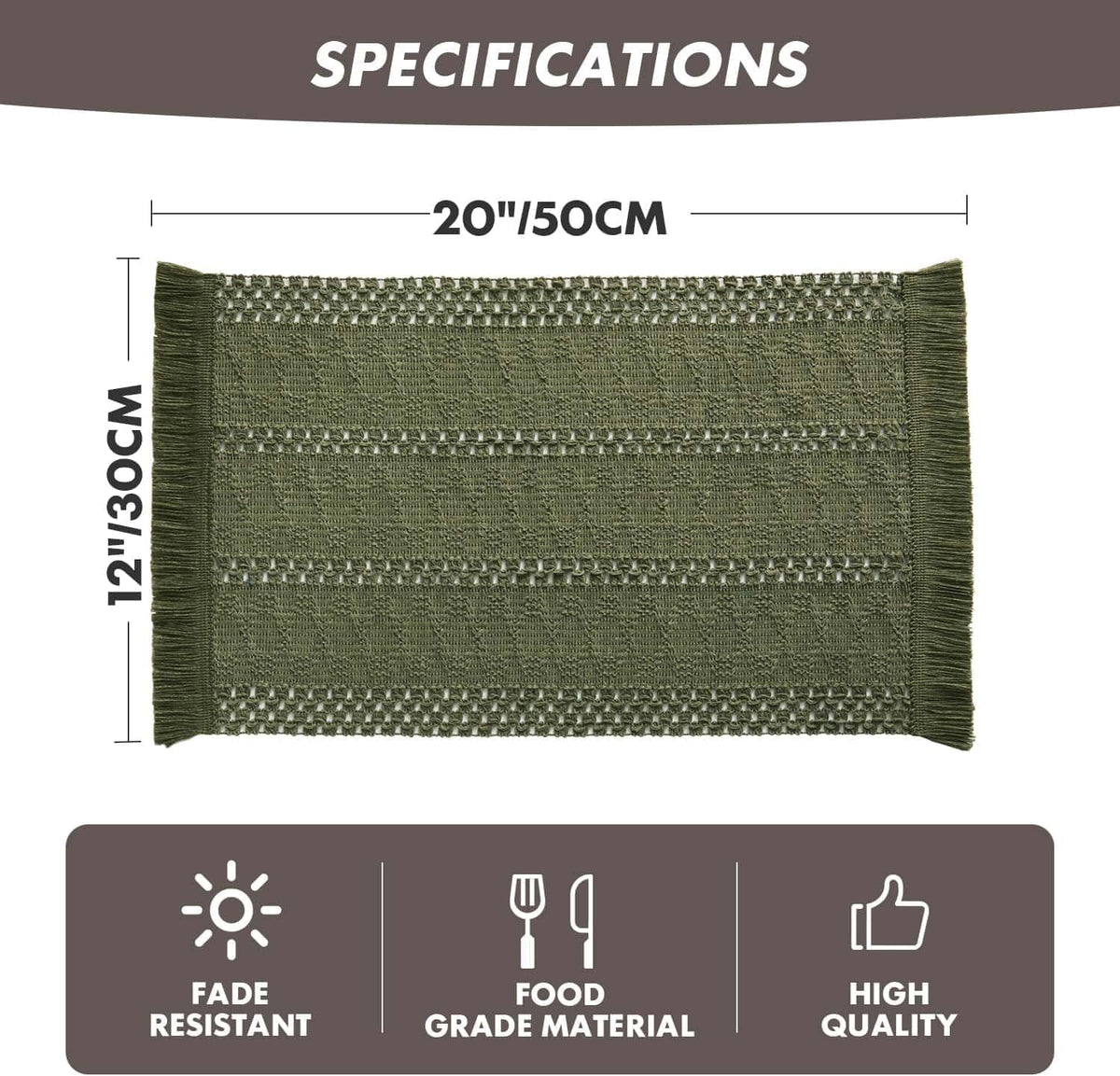 Macrame Style Boho Placemats Set of 6, Olive 12x20 Inch | Decorative Farmhouse Table Mats, Natural Cotton Woven Place