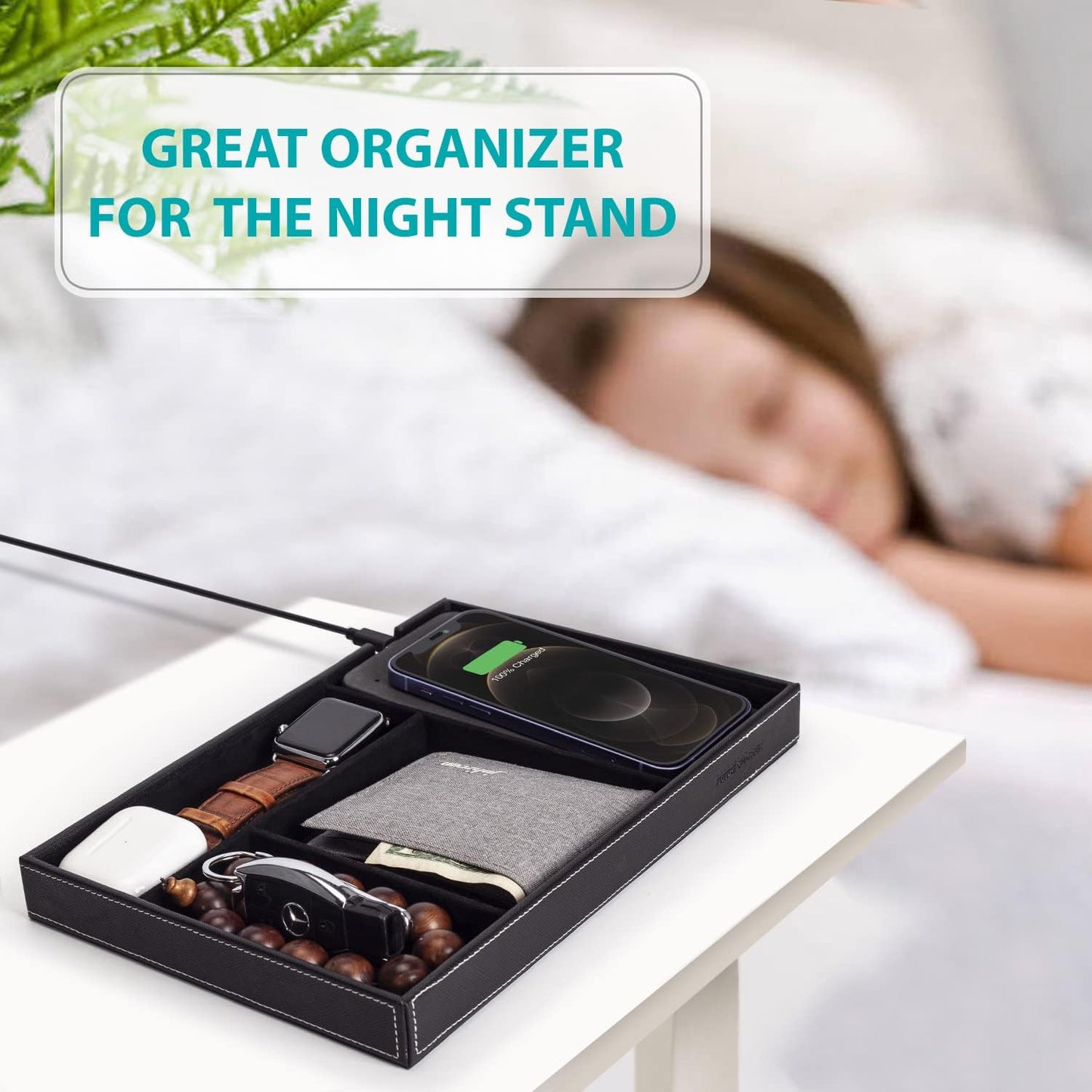 Valet Tray, Built in Wireless Charging Pad, Nightstand Organizer | Dresser Organizer, Mens Jewelry Box, Valet Charging