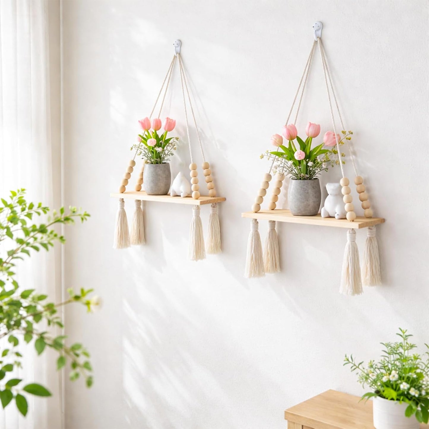 Wooden Wall Hanging Shelves / Beige Tassel / Set of 2