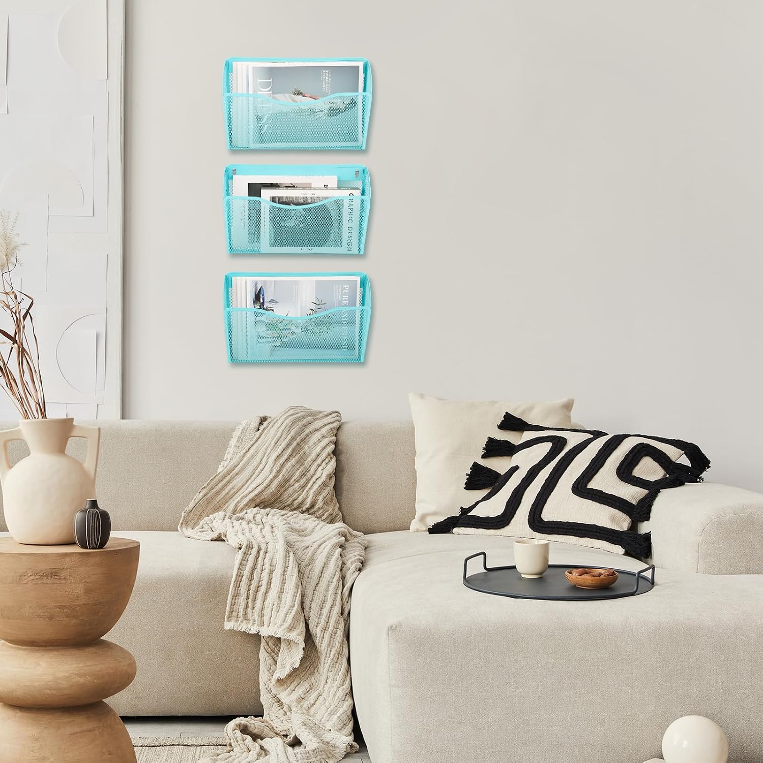 3 Single Pocket Mesh Hanging File Organizer, Vertical Wall Mounted Magazine File Holder, Mount Basket Mail Paper