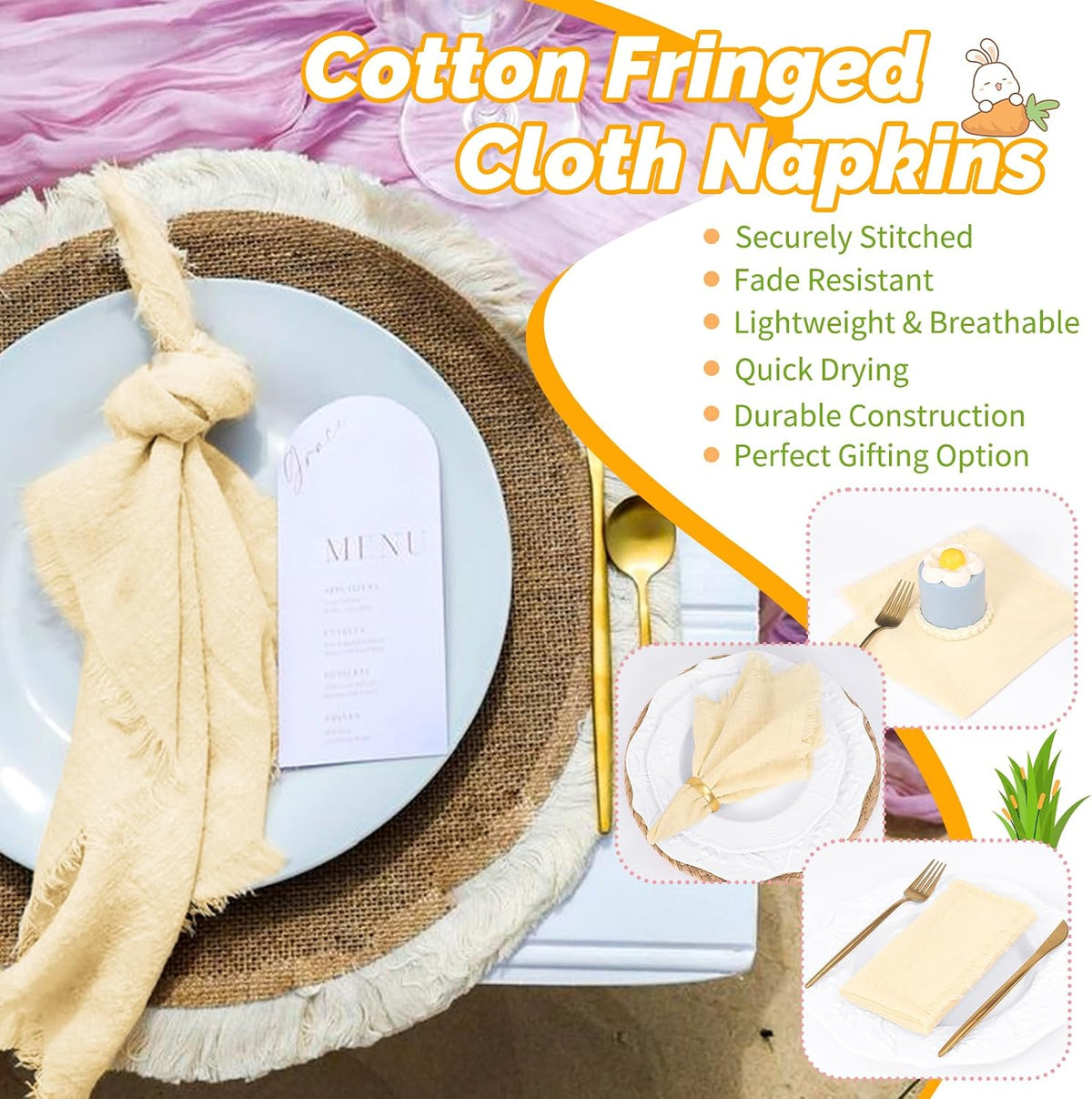 Showgeous 60 Pack Beige Cloth Napkins with Fringe, 16x16 inch 100% Cotton | Beige Napkins Handmade Dinner Napkins Bulk