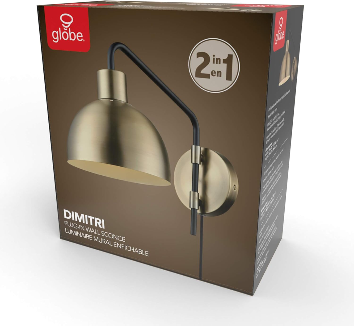 Globe Electric 1-Light Antique Brass Plug-in or Hardwire Wall Sconce with in-Line On/Off Switch