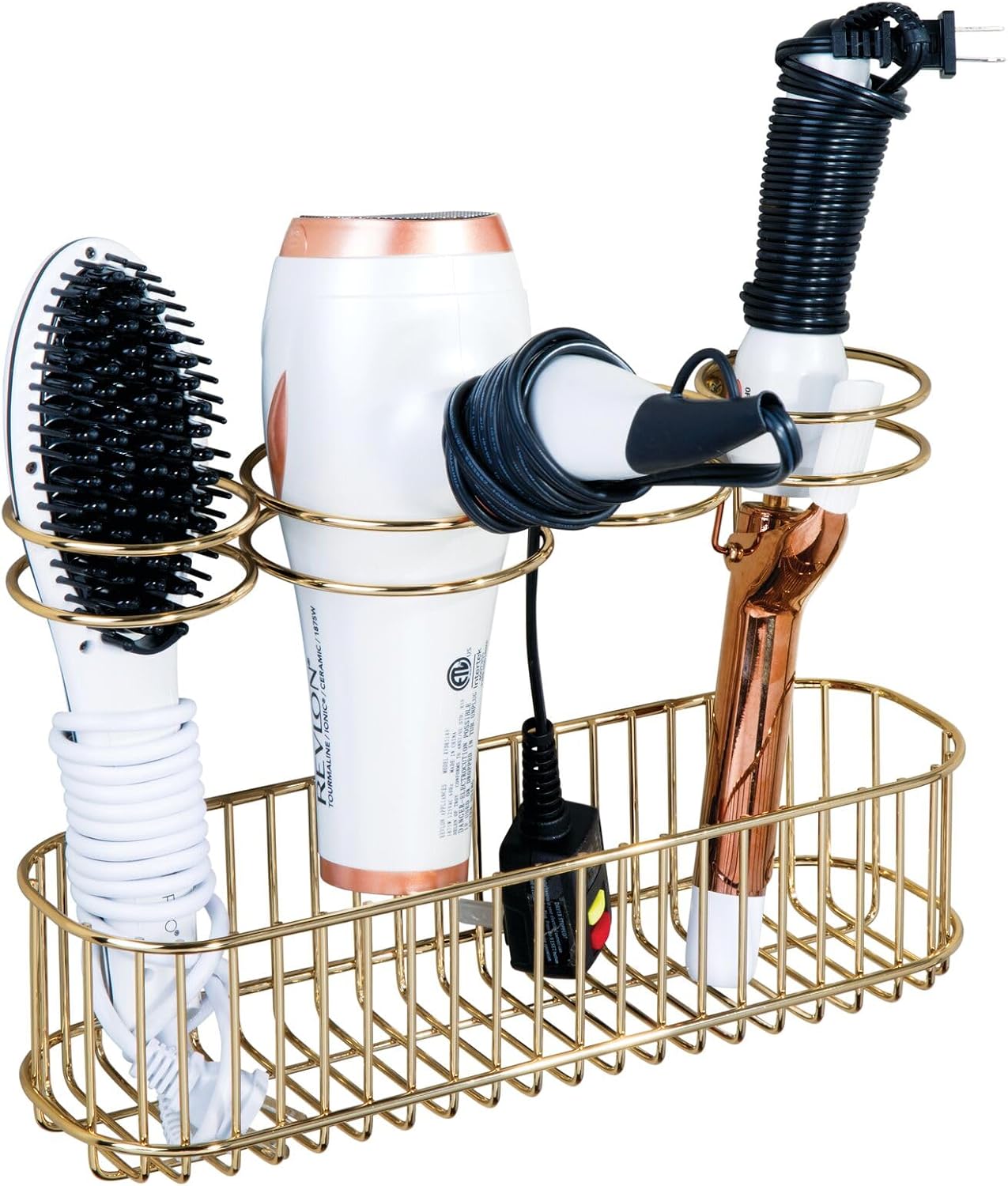 mDesign Hair Dryer Caddy – Wall Mounted Storage Rack with 4 Compartments – Hair Tool Organiser for Dryers, Curling