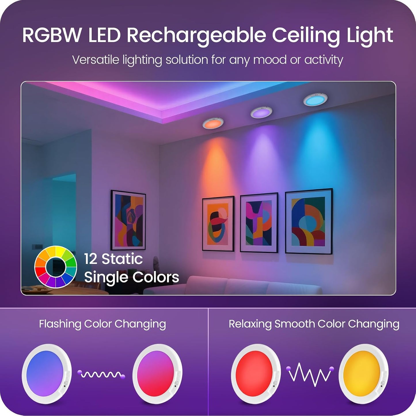 2 Pack Motion Sensor Rechargeable Shower Lights with Remote, RGBW Battery Operated Ceiling Light, Wireless, Color