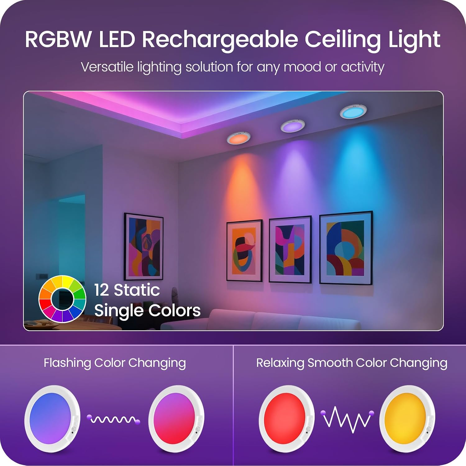 2 Pack Motion Sensor Rechargeable Shower Lights with Remote, RGBW Battery Operated Ceiling Light, Wireless, Color