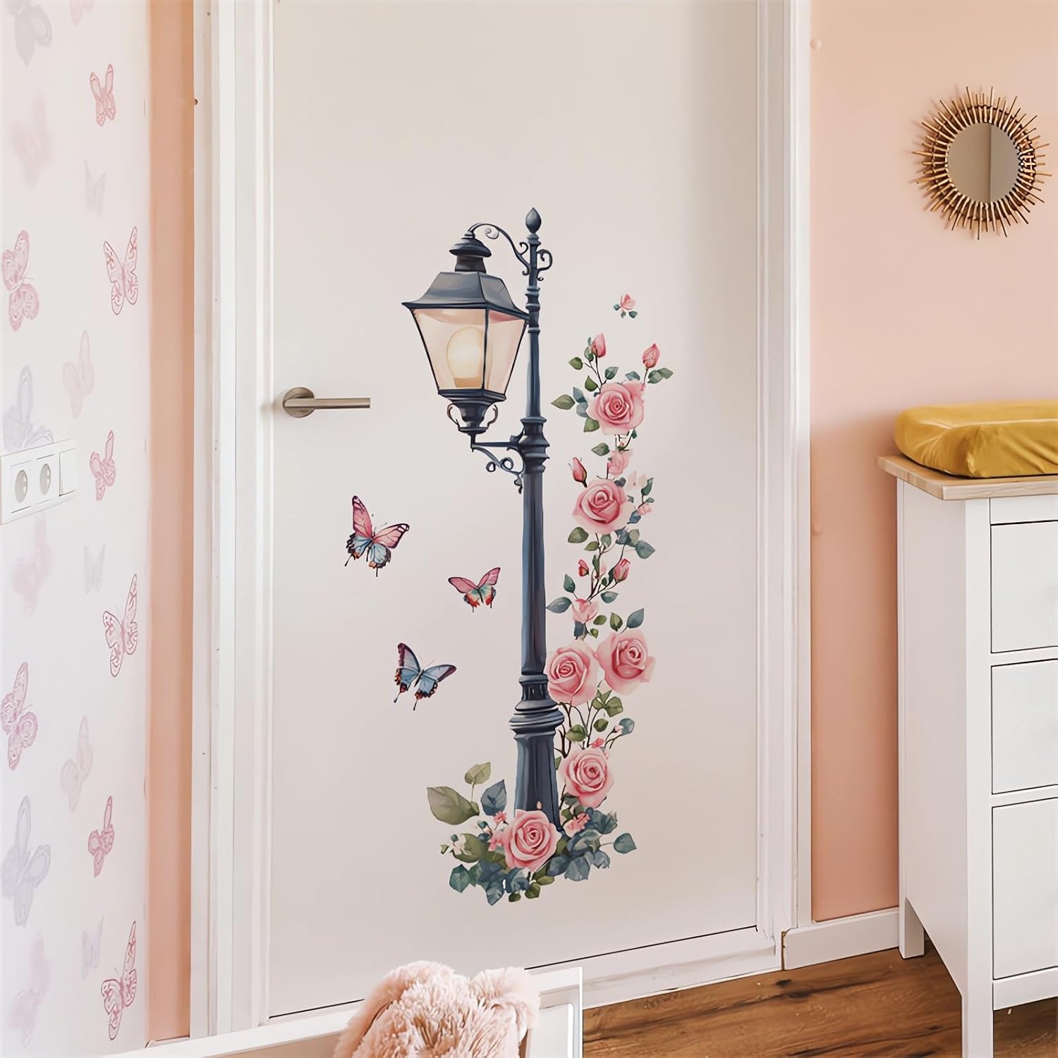Vintage Street Lamp Rose Butterfly Wall Stickers / Pink