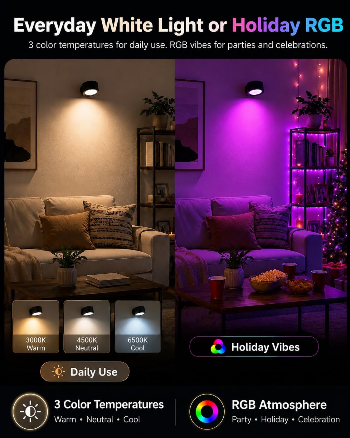 LED Wall Mounted Lights, Rechargeable Wall Sconces, 3 Color Temps, Remote & Touch, 360° Rotating and Dimmable for