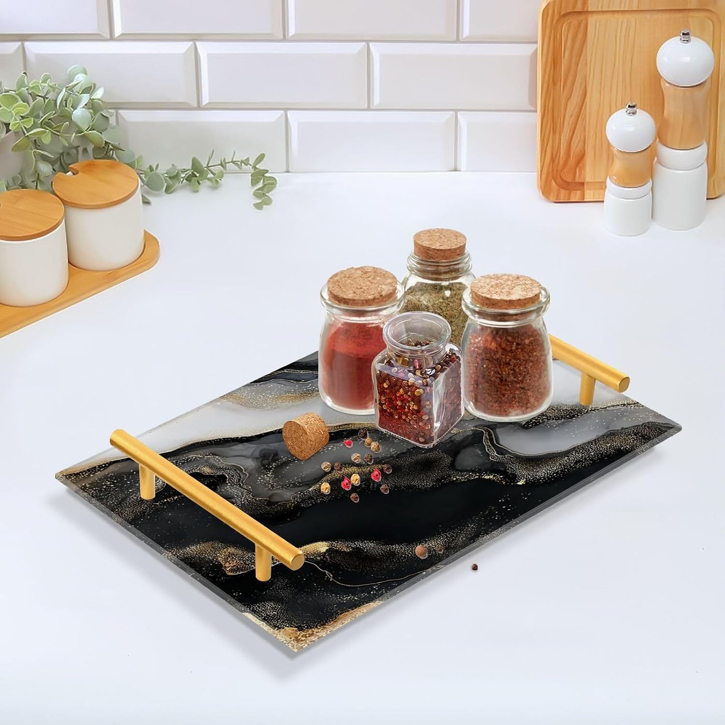 Pattern Serving Tray / Gold Liquid Marble Black