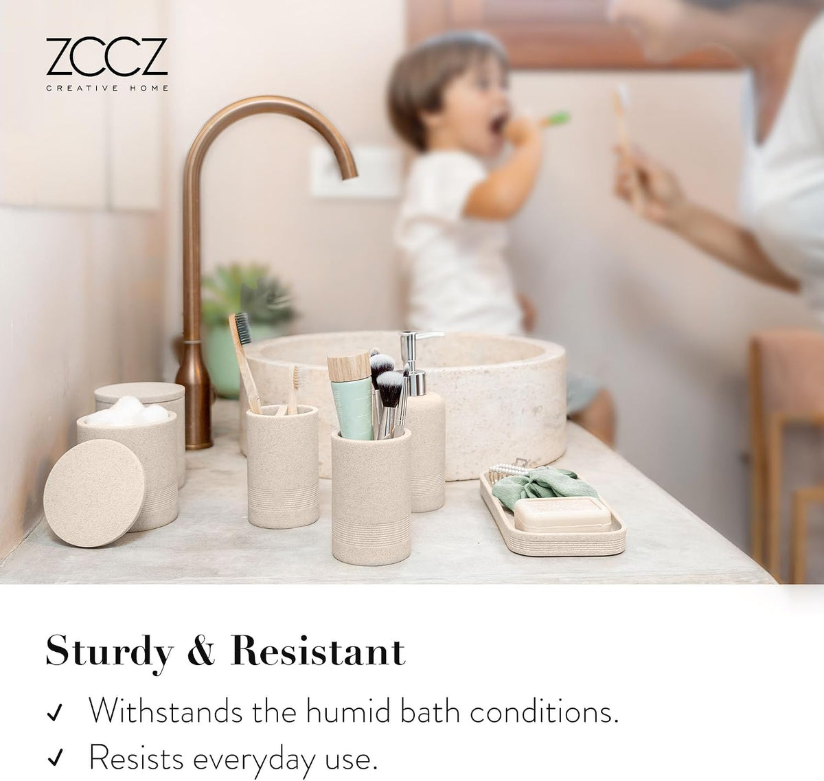 Beige Bathroom Accessories Set 6 Pieces - Toothbrush Holder, Lotion Dispenser, Qtip Container, Vanity Tray, Tumbler