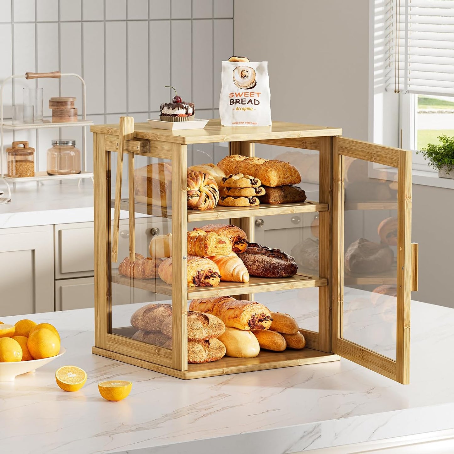 WOWLIVE Bread Box for Kitchen Countertop, 3 Layers Bread Storage Container | Large Bamboo Bread Bin for Homemade Bread