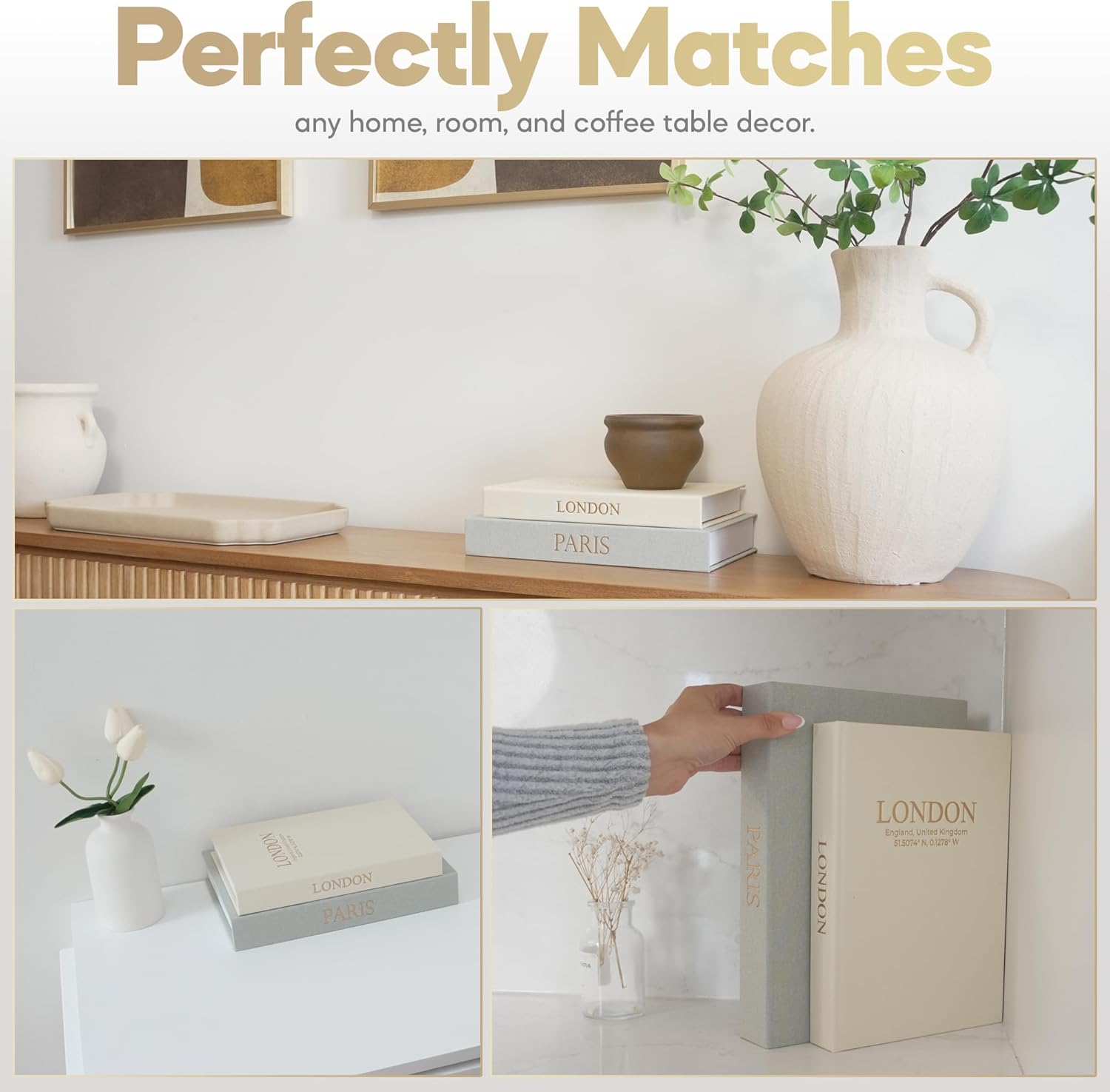 Faux Linen Book Boxes / Cream/green / Modern / Set of 2