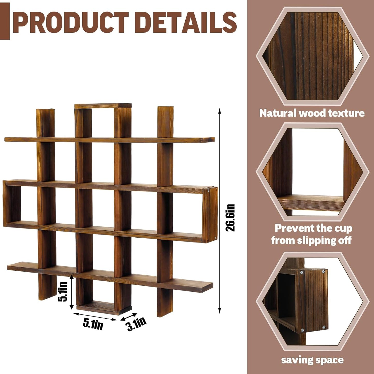Suzile Mug Display Shelf Wall Mounted,Grid Size 5.1x5.1x3in,Rustic Brown | Rustic Wood Floating Shadow Box for Coffee