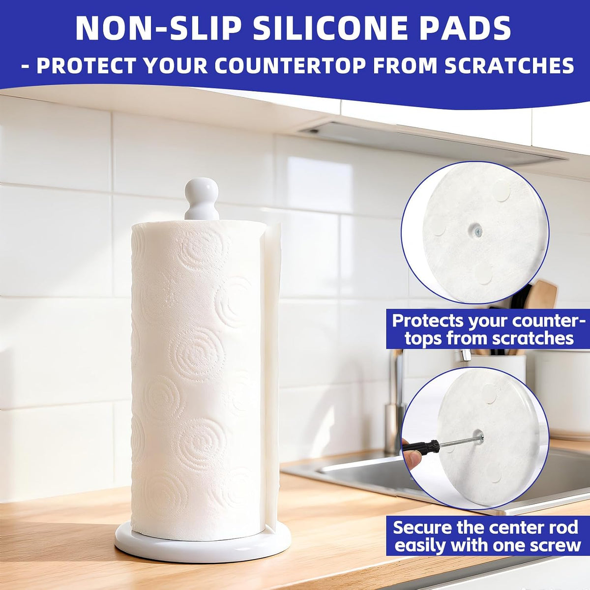 Premium White Marble Paper Towel Holder for Kitchen Countertop, Heavy Duty Freestanding Paper Towel Stand with 3 Lbs