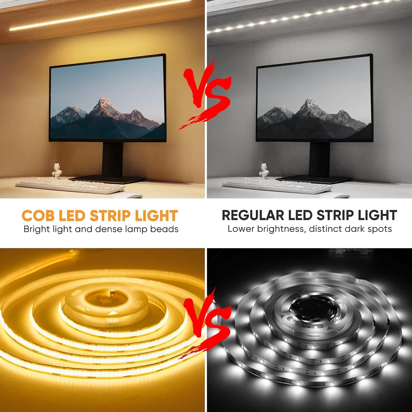 OMIKA 3 Pack COB LED Strip Lights, 3.3ft 320 LEDs Battery Powered LED Strip Lights Warm White, Dimmable Flexible
