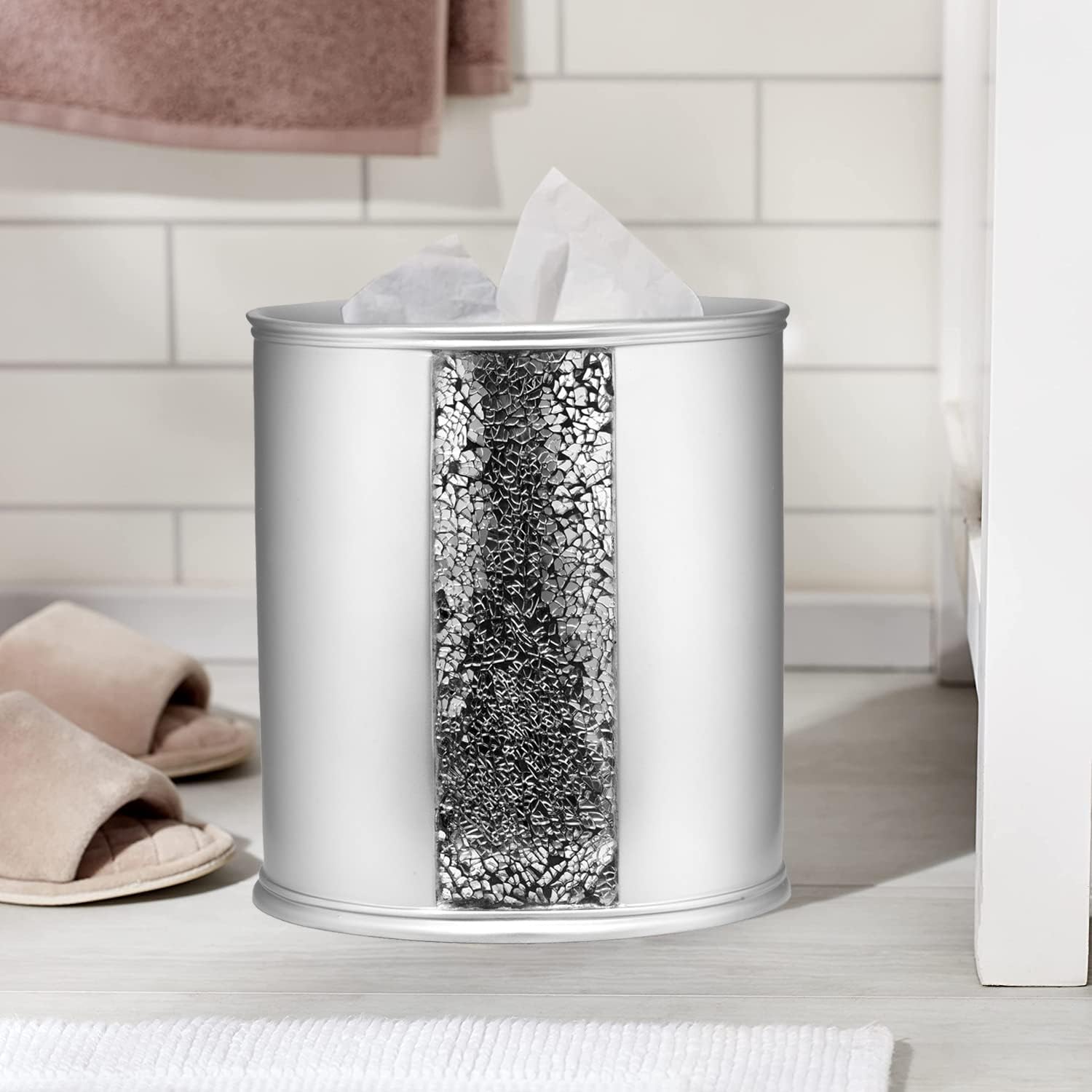 Zahari Home 2pc Sinatra Silver Modern Bath Accessories Set Waste Basket & Tissue Box Modern Classic Contemporary