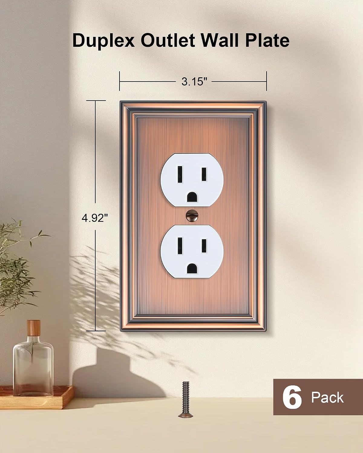 6-Pack Zinc Alloy Single Duplex Outlet Cover Plate, Solid Receptacle Cover | Decorative Switch Plates and Outlet