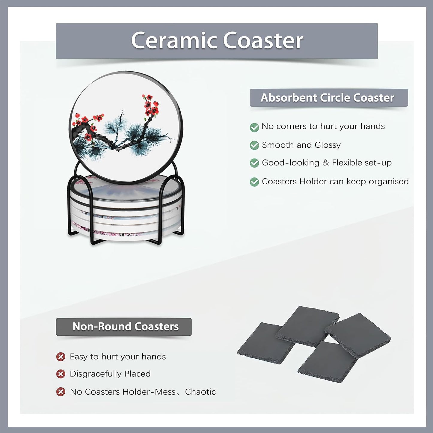 Holder / Absorbent Ceramic Coasters / Japanese Cherry Blossom and Fujiyama Mountain / Set of 6