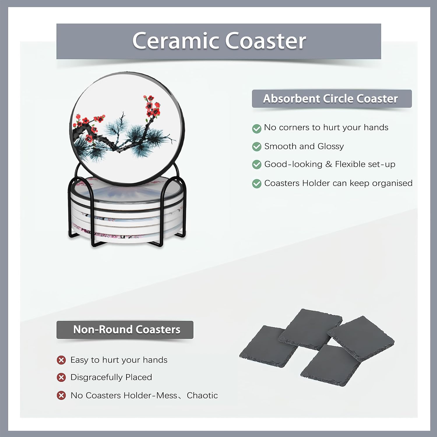Holder / Absorbent Ceramic Coasters / Japanese Cherry Blossom and Fujiyama Mountain / Set of 6