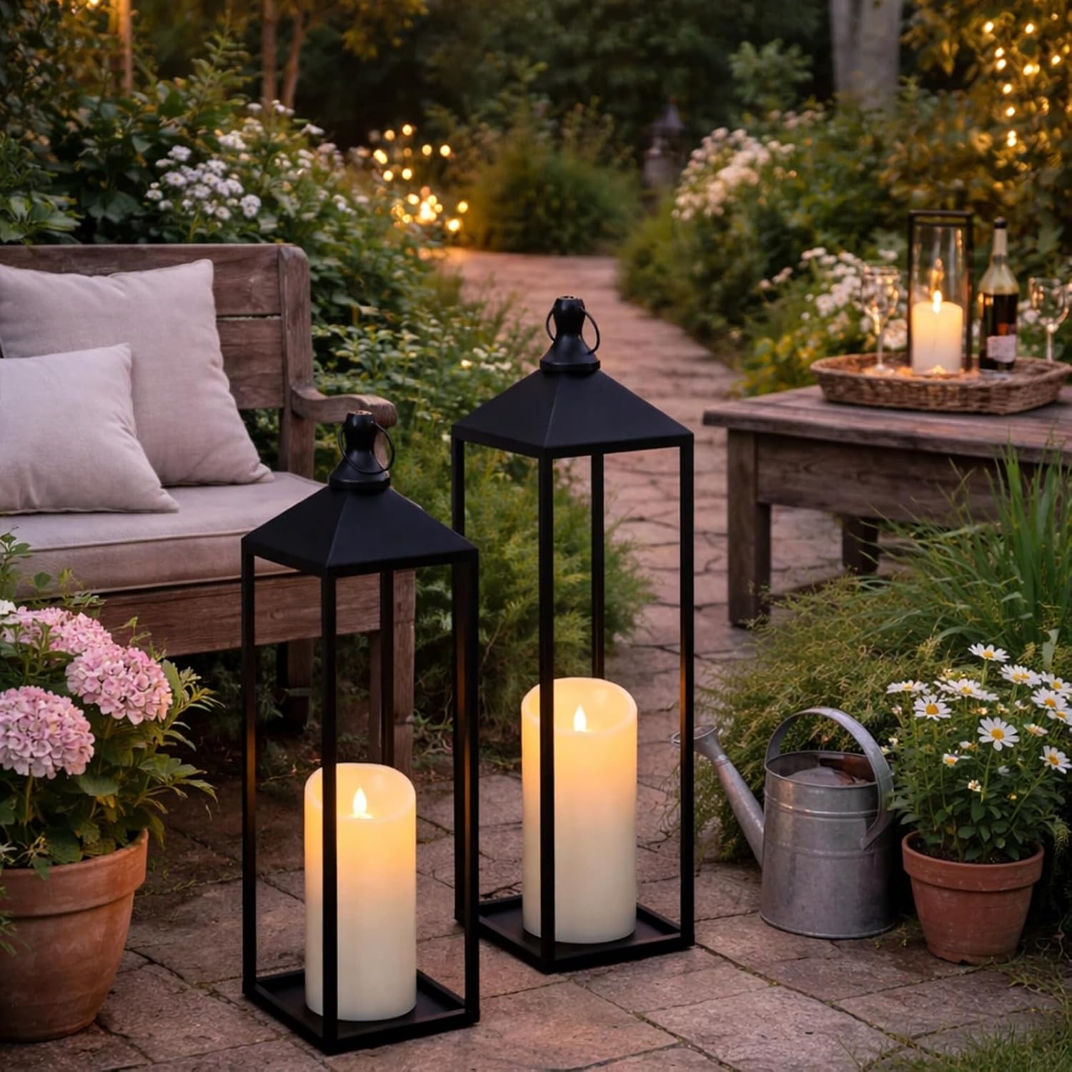 22'' 19'' Large Lanterns Decorative Outdoor Indoor, Set of 2 Candle Lantern | Black Metal Floor Lanterns Decorative for