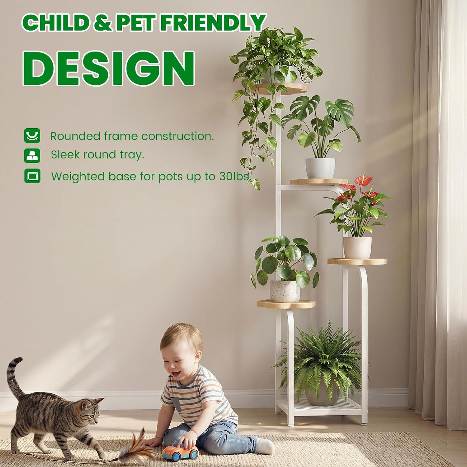 TOSKING Tall 5-Tier Corner Plant Stand Indoor, Anti-Tip, Oak & White,47in | Plywood trays,wide base and heavy-duty