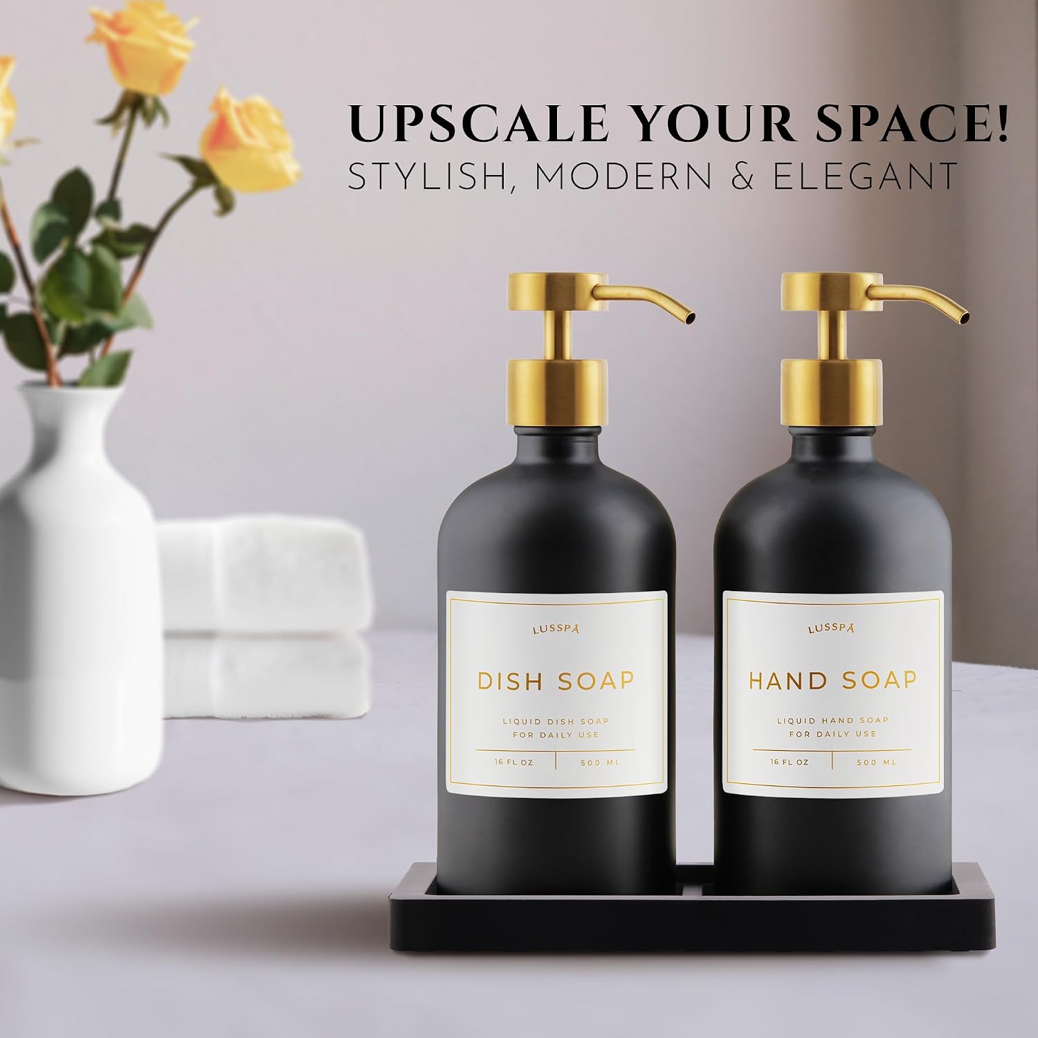 Glass Soap Dispenser Set of 2 (Black) with Silicone Tray | Hand and Dish Soap Dispenser for Kitchen and Bathroom | 16.8