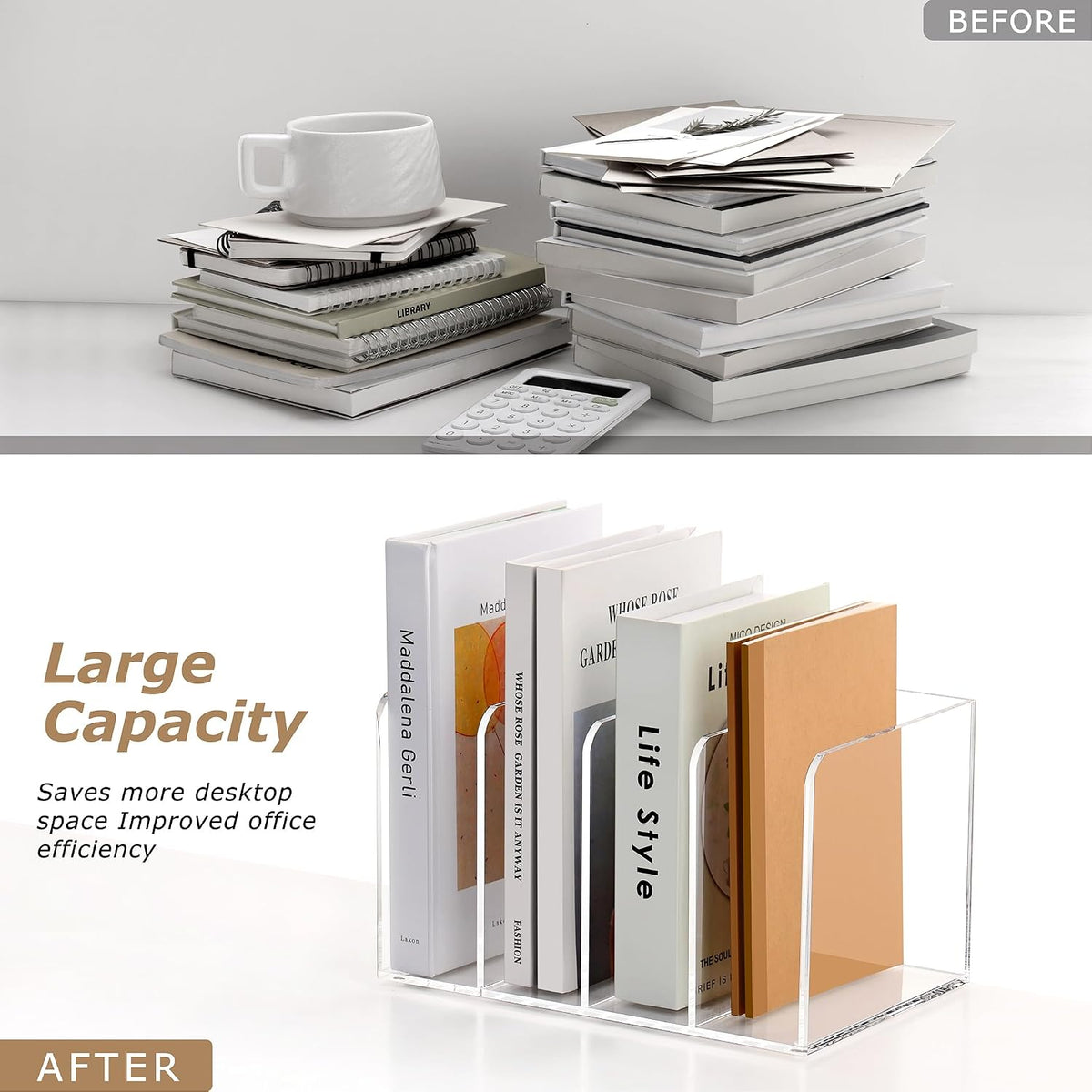 SANRUI Acrylic Magazine Holder Desk Organizer Workspace Sorter Clear 4 Slot | Bookend File Sorter Holder,Folder Rack