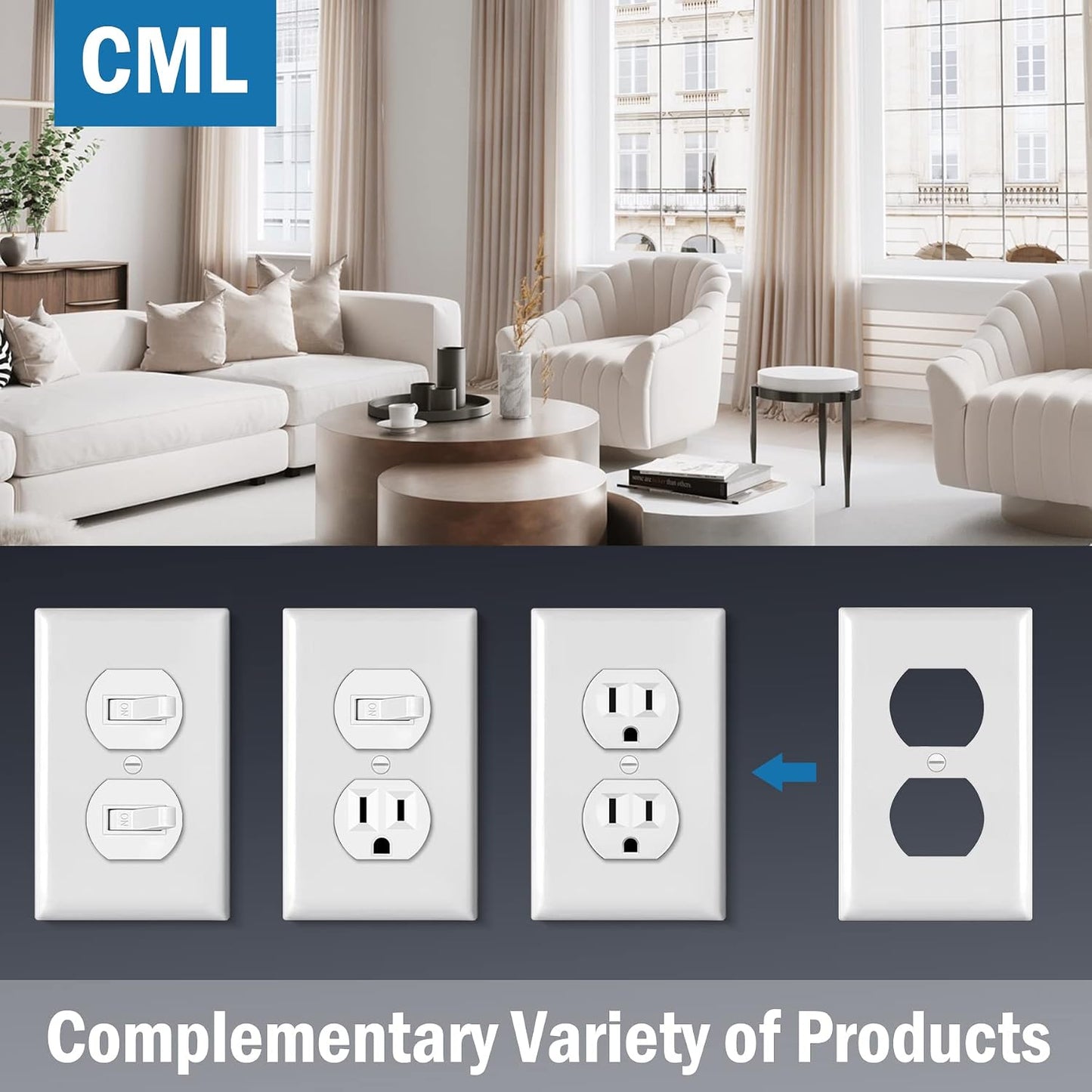 CML Duplex Outlet Covers, 50 Pack Electrical Outlet Wall Plate, 1-Gang Switch Plates, Dual Receptacle Faceplate