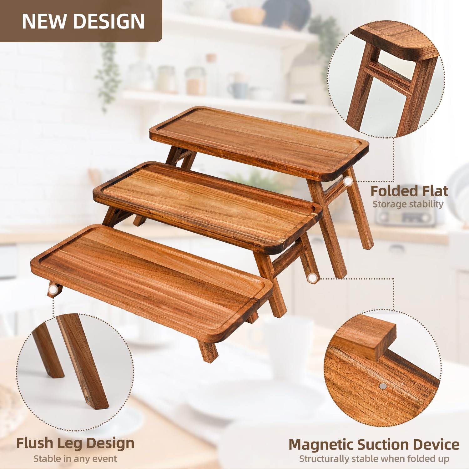 3 Tier Serving Tray Acacia Wooden Tiered Tray Stand Foldable Dessert Table Display / Acacia Brown