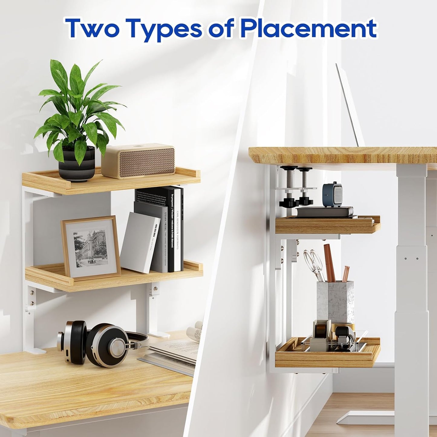 Clamp On Desk Shelf 2-Tier, 12.6 inch Wood Shelving Unit for Office Desk/Gaming Accessories, Tabletop Book Storage