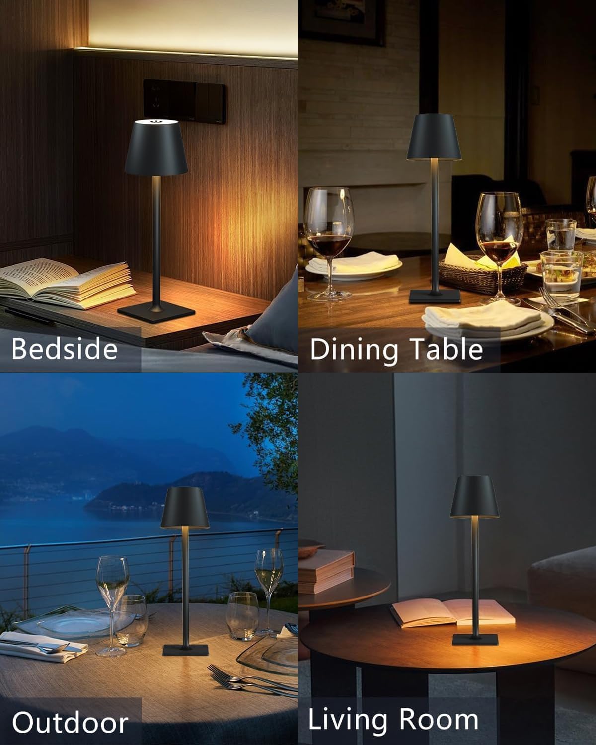 Fizrice Rechargeable Table Lamp 2 Pack Cordless Battery Operated, Black | IP65 waterproof wireless design with
