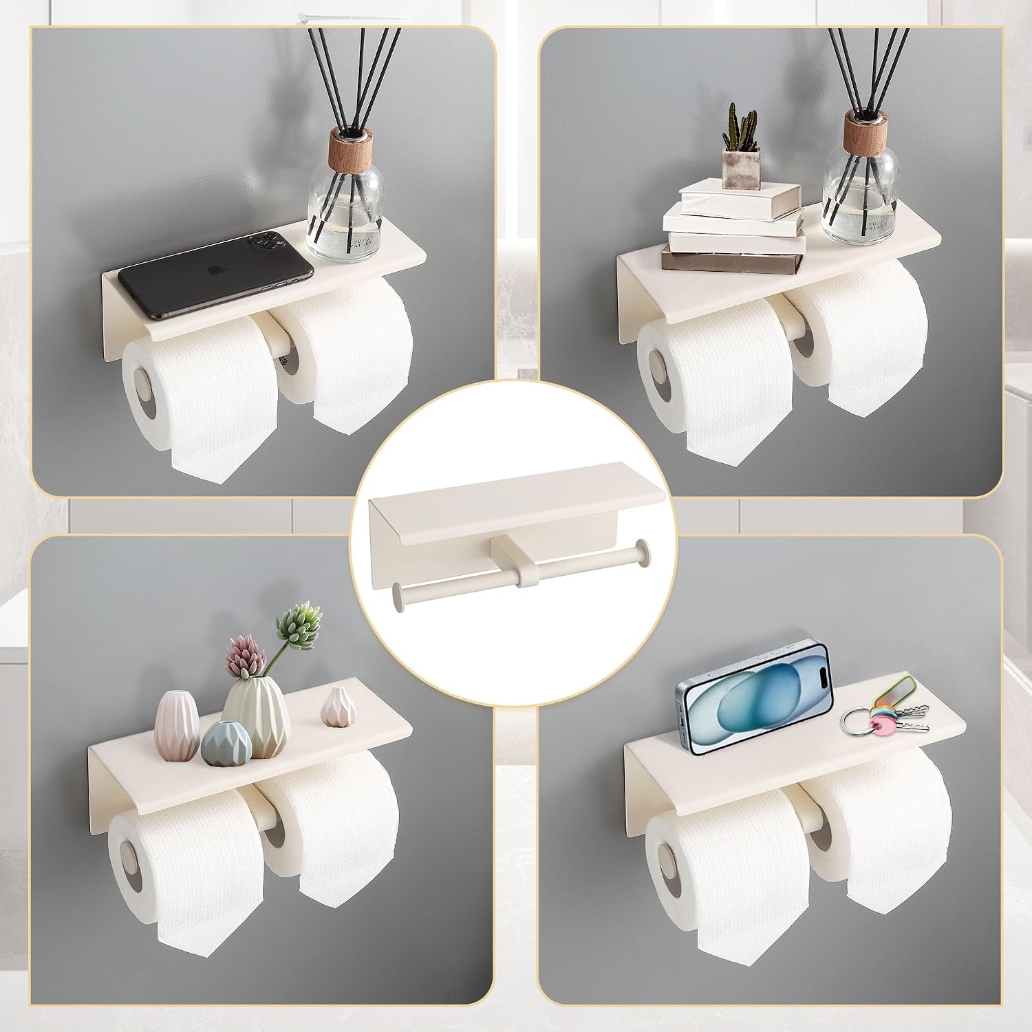 BGL Double Toilet Paper Holder with Shelf White Stainless Steel 304 Wall Mount Double Toilet Roll Holder for Bathroom