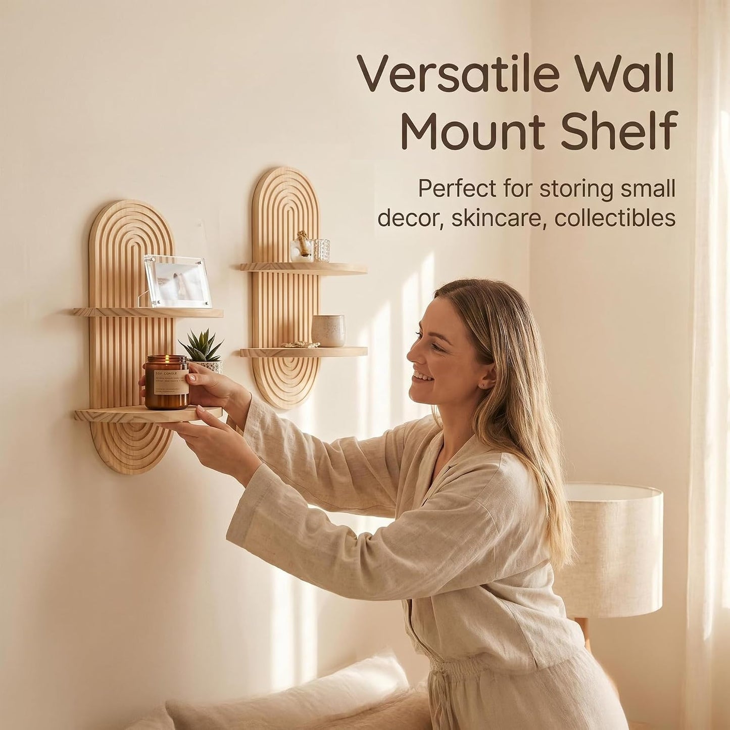 Boho Aesthetic Wall Shelves / Double Layer - Nature / 16.9 x 9.4 / Set of 2