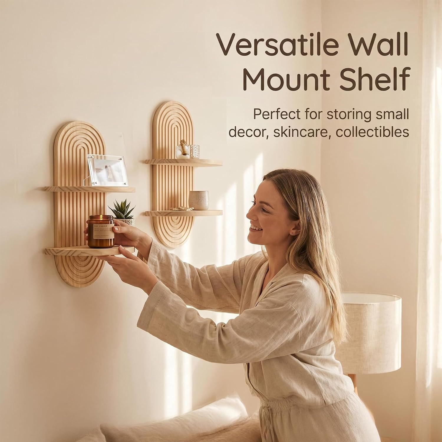 Boho Aesthetic Wall Shelves / Double Layer - Nature / 16.9 x 9.4 / Set of 2