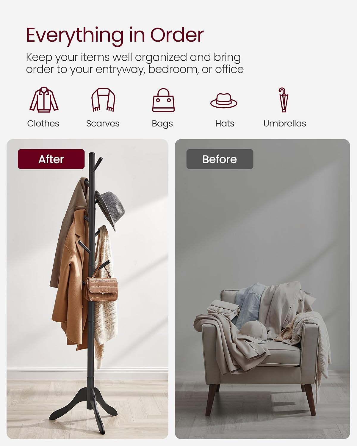 VASAGLE Solid Wood Coat Rack, Free Standing Tree-Shaped Coat Rack with 8 Hooks, 3 Height Options, for Clothes, Hats