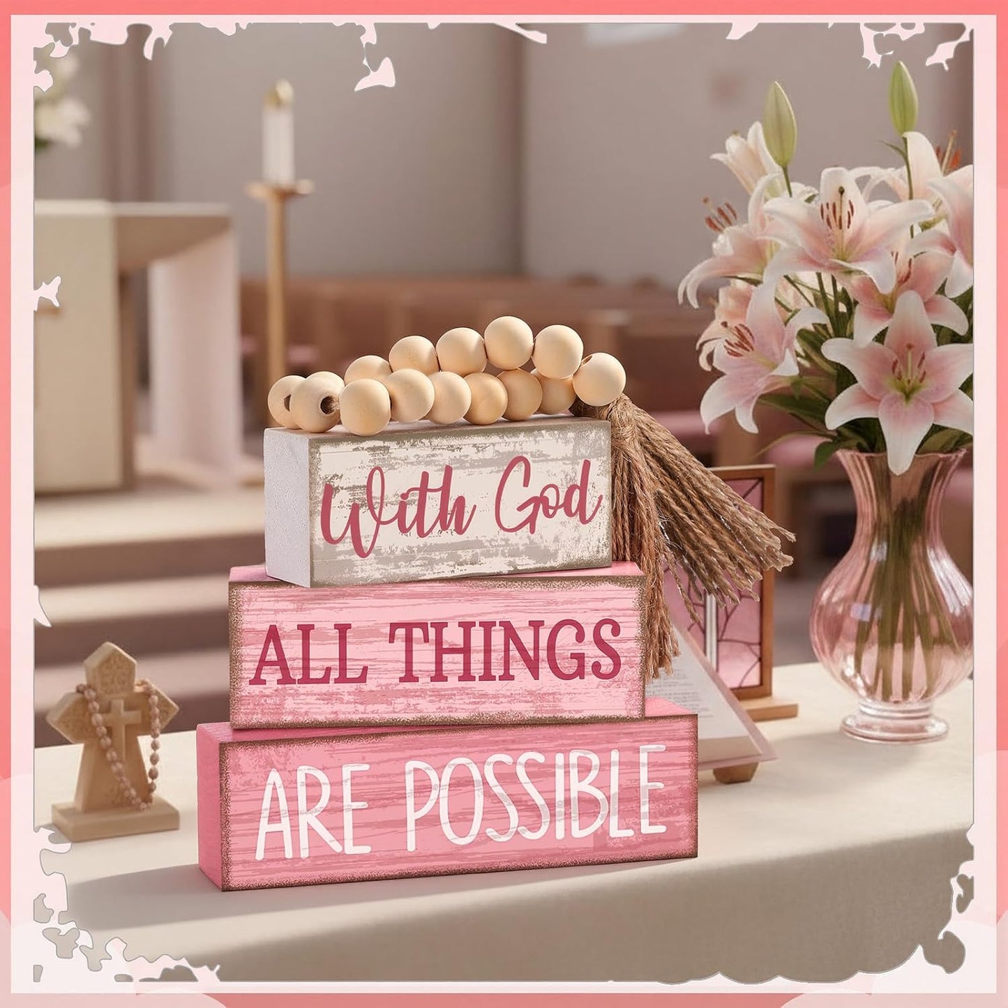 Christian Table Decor Rustic Wooden Block Sign / with God All Things Are Possible / Pink / Set of 4