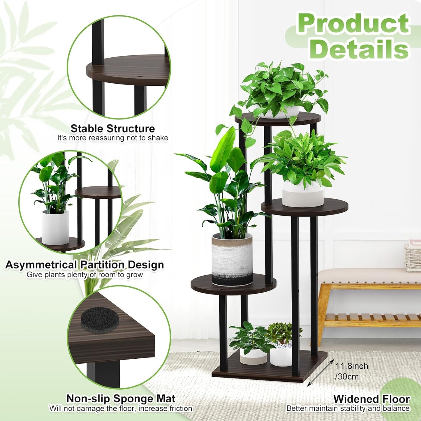 4 Tier Wood Tall Plant Stand Metal Rack Indoor, Multiple Flower Pot Holder Shelves Corner Rack, Round Planter Shelf