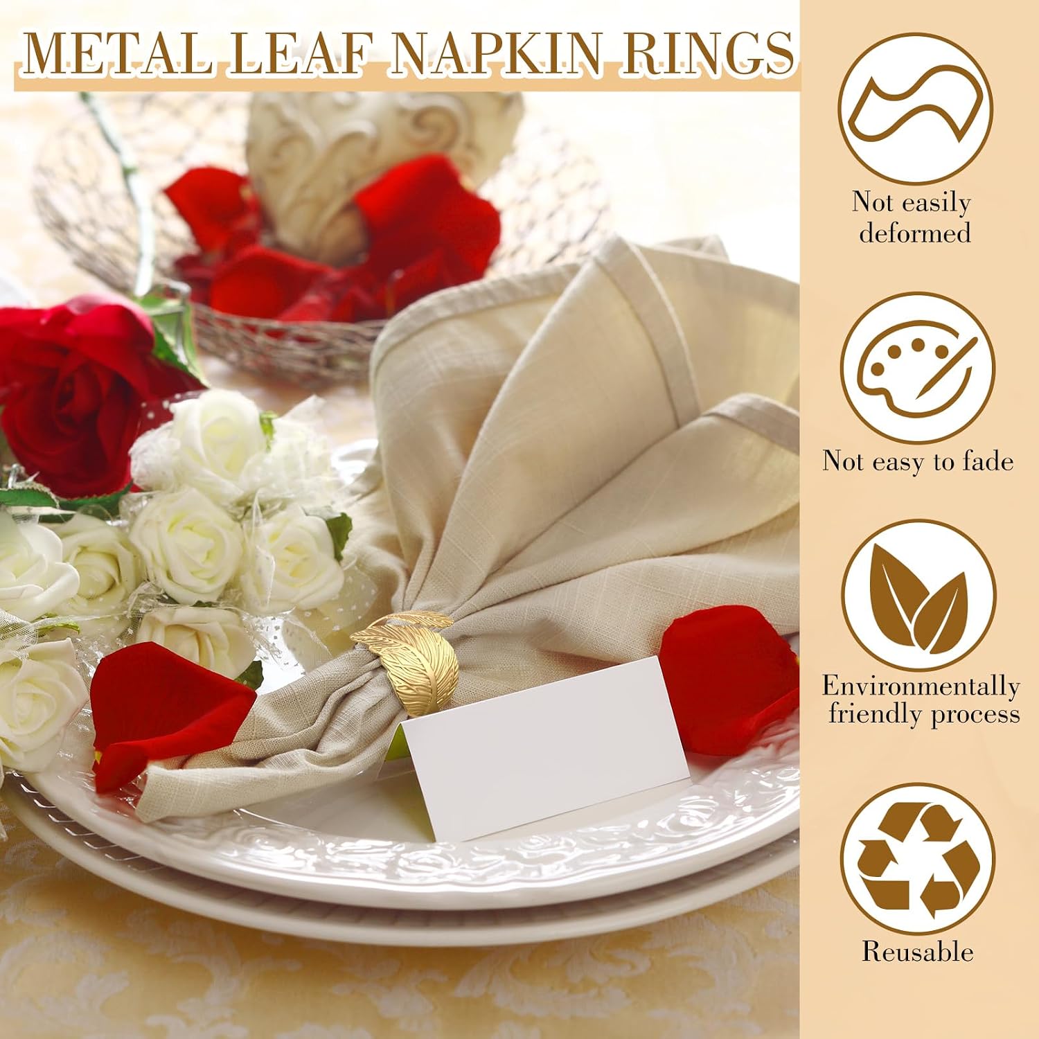 50 Pcs Gold Napkin Rings Metal Napkin Holders Bulk, Willow Leaves