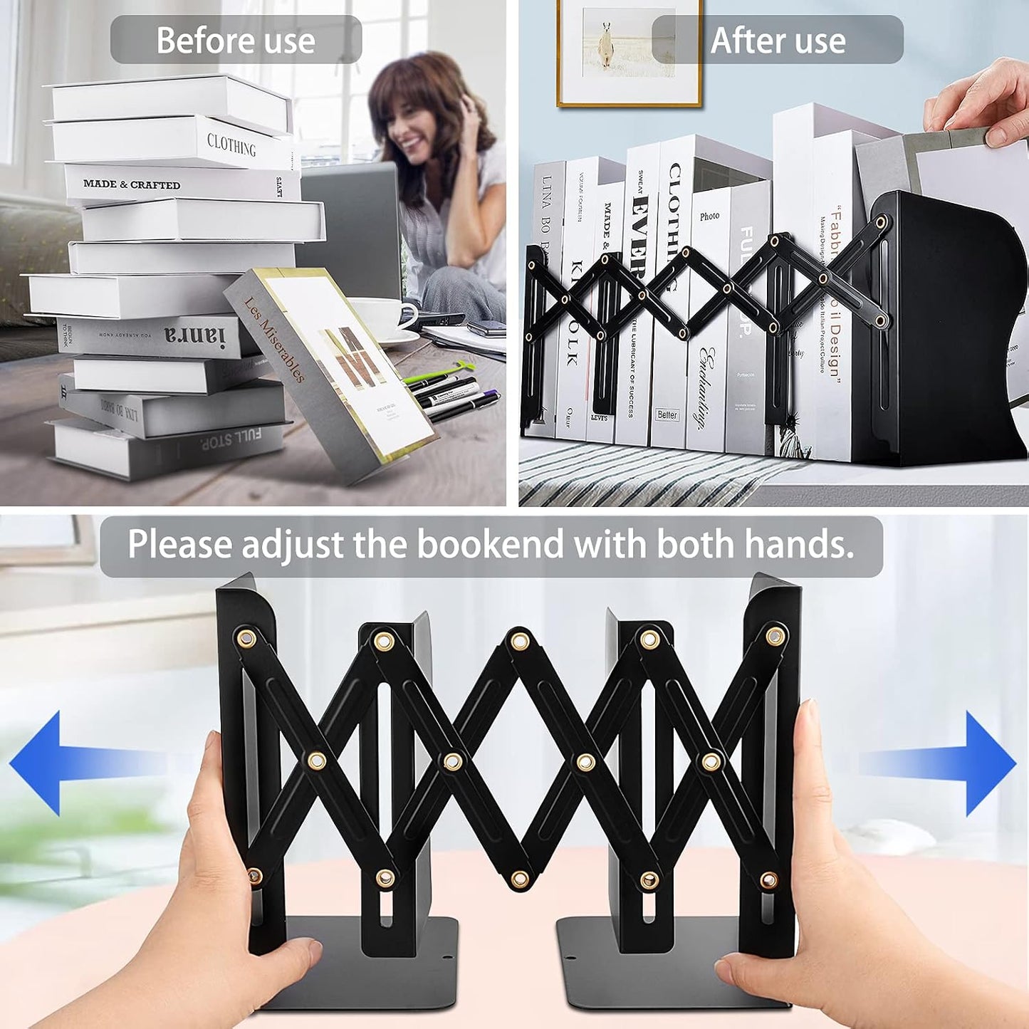 Metal Adjustable Book Ends Decorative Bookends / Black
