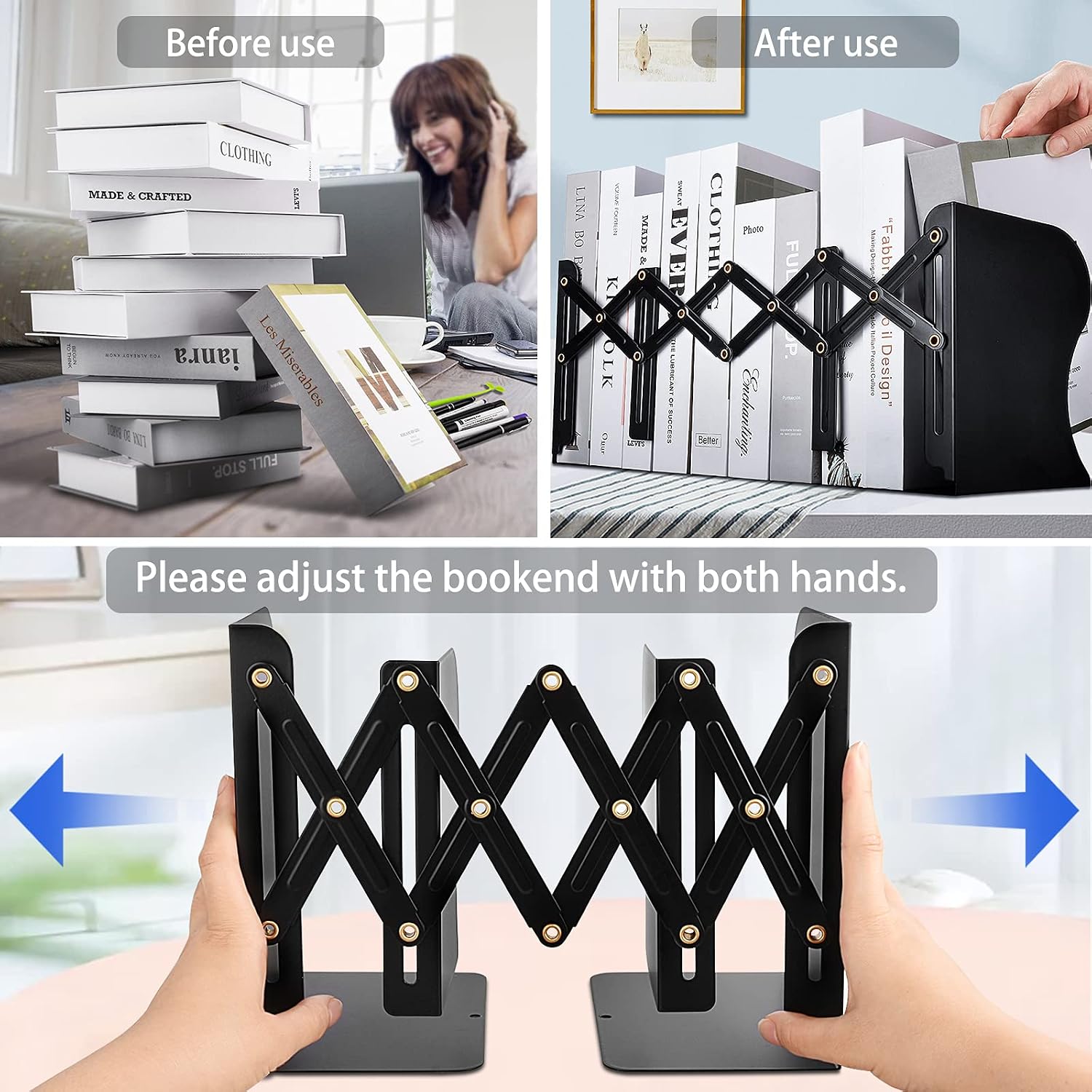 Metal Adjustable Book Ends Decorative Bookends / Black