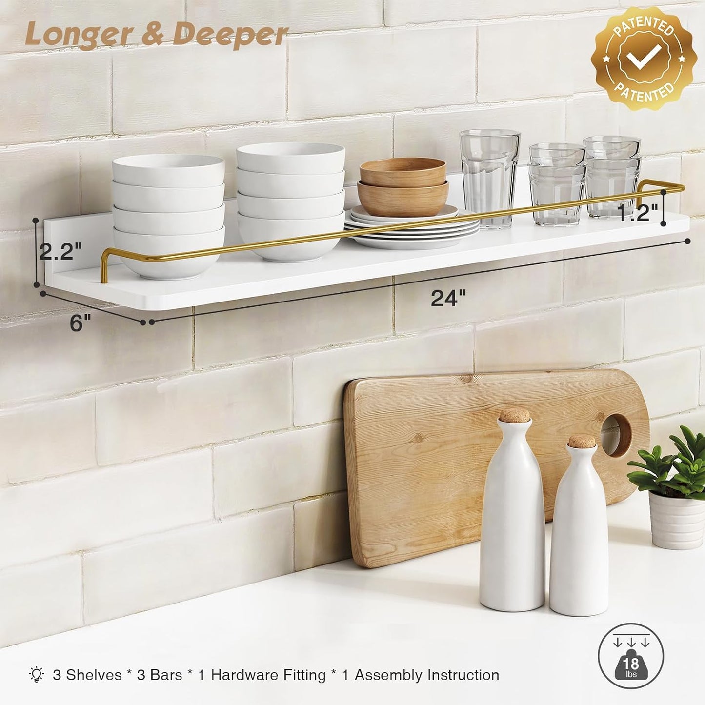 Forbena 24 Inch Bathroom Floating Shelves for Wall Set of 3, Gold Bathroom Shelves Over Toilet Wall Mounted with Rail