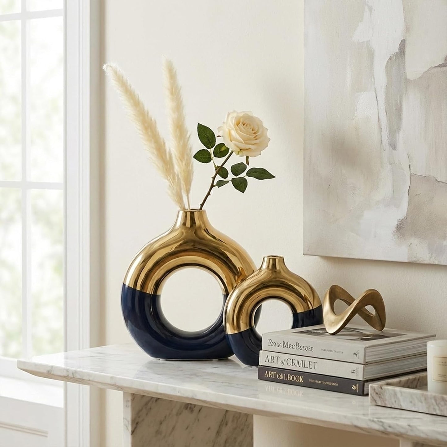Modern Matte Ceramic Vases for Entryway Living Room / Blue and Gold / Set of 2
