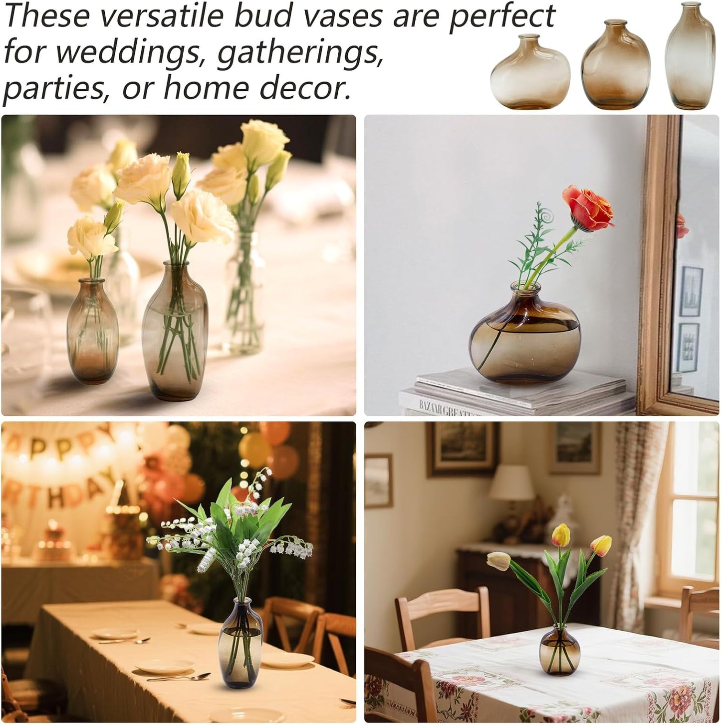 Glass Bud Vases / Amber / Set of 3