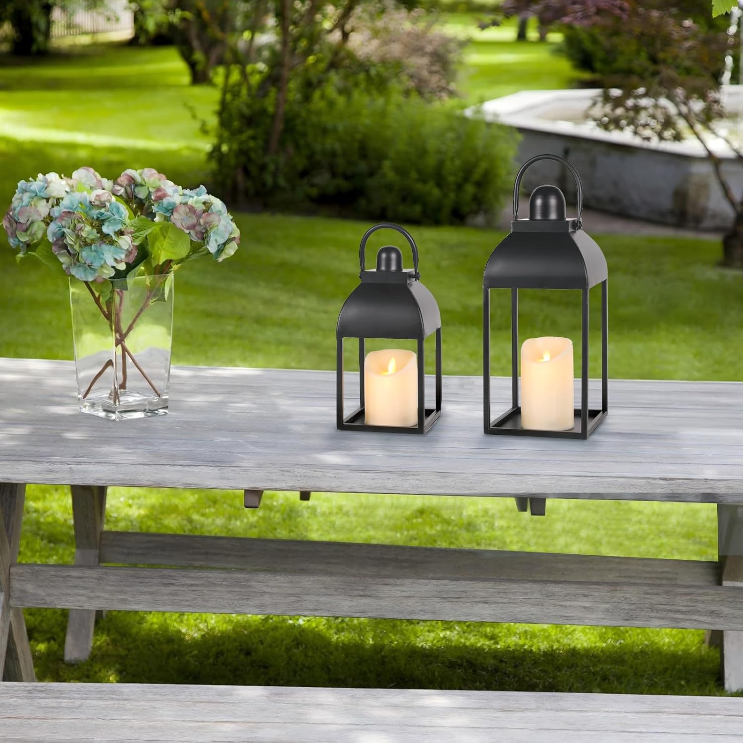Lanterns Decorative Indoor 15" 11" Set of 2 Black Metal Lantern with Candle | Glass-free Decorative Lanterns with
