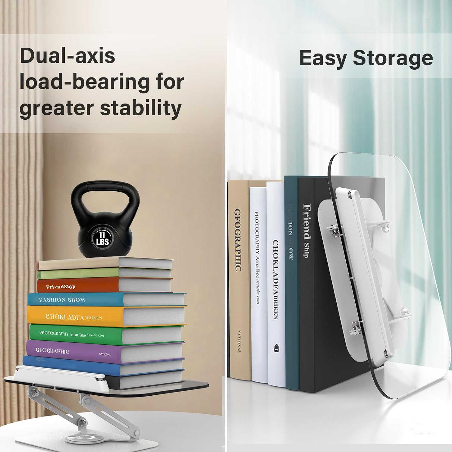 BYMECOST Acrylic Book Stand for Reading, Adjustable Book Holder,Black | Foldable Desktop Riser Stand with 360° Rotating