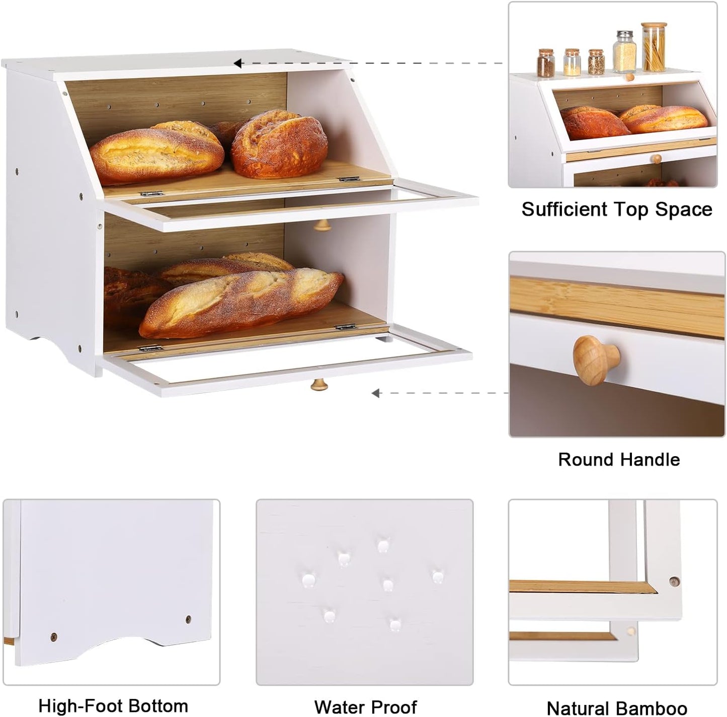 HOMEKOKO Double Layer Wood Bread Box for Kitchen Counter,Keep Fresh, White | Keeps Bread Fresh 3-4 Days, Large Capacity