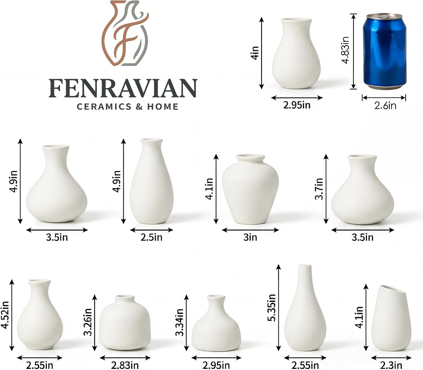 White Ceramic Bud Vase / White - 10-piece Set / Set of 10